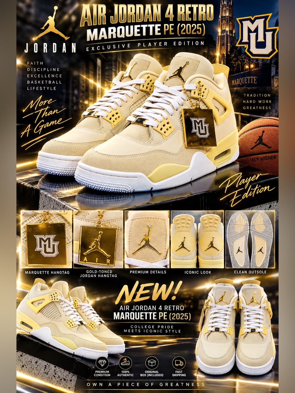 New!🔥Air Jordan 4 Retro Marquette PE (2025) gold-toned Jordan Symbol Hangtag!🔥